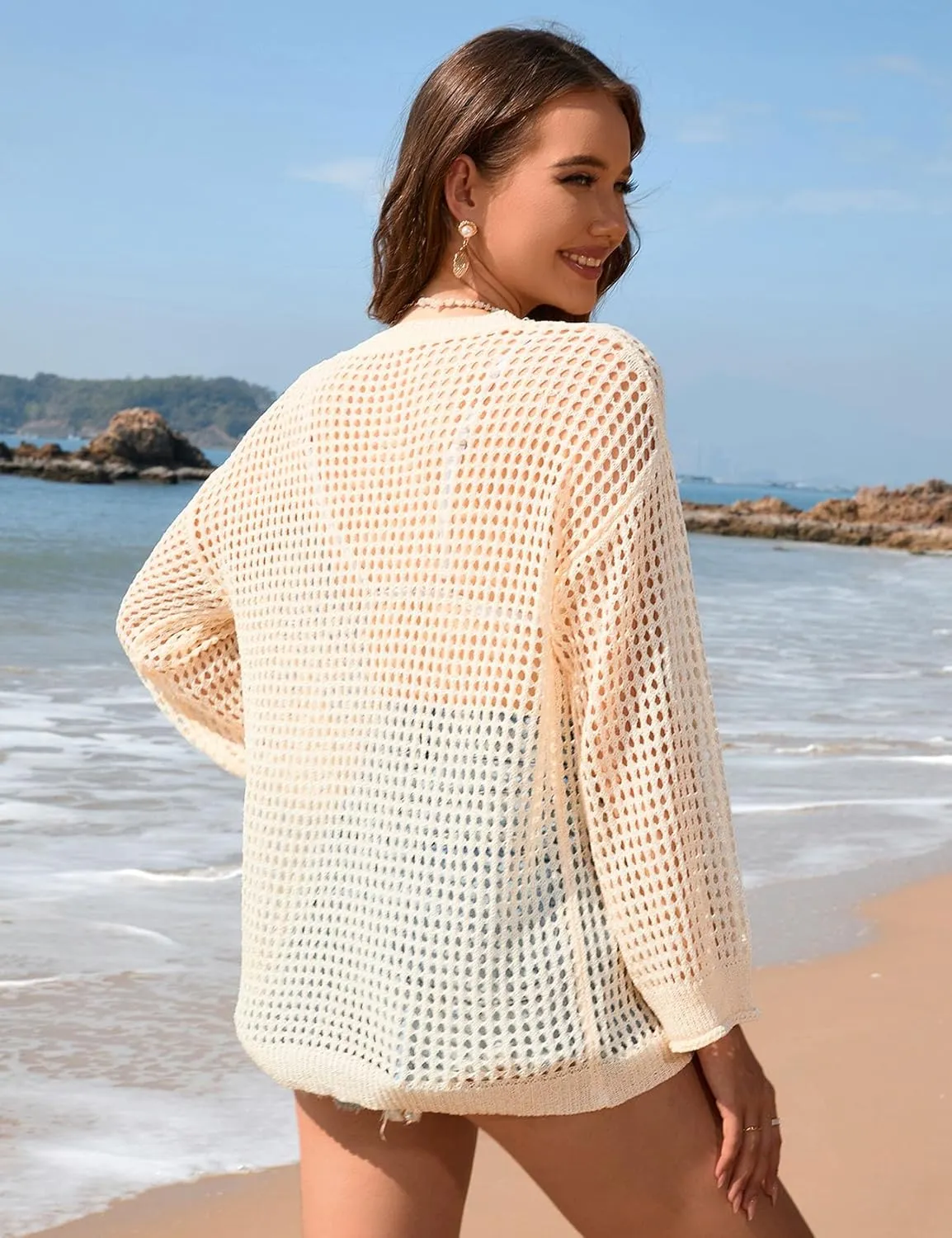 Flygo Swimsuit Coverup for Women Crochet Beach Cover Ups Summer Bathing Suit Cover Up Knit Beach Dress Vacation Outfits