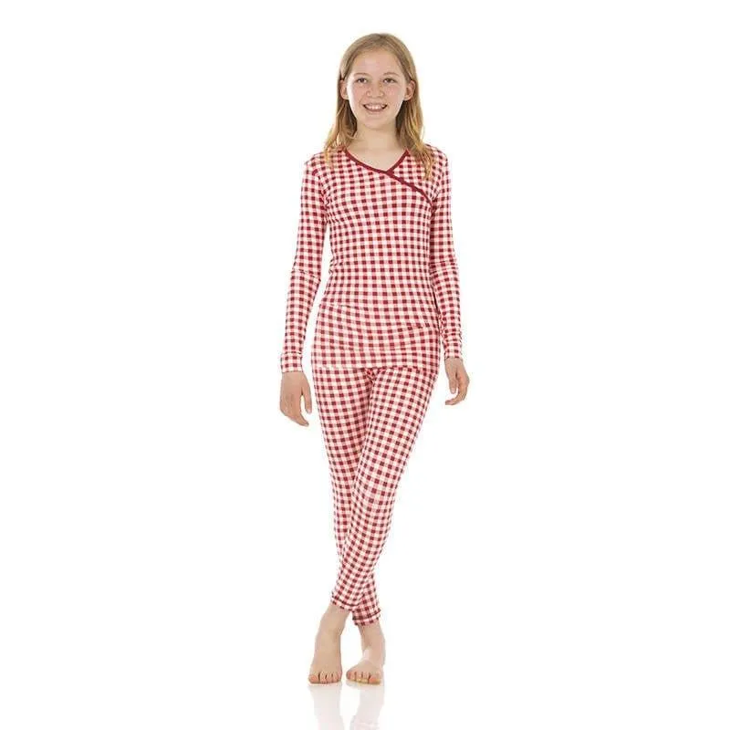 Girl's Print Bamboo Long Sleeve Kimono Pajama Set - Wild Strawberry Gingham