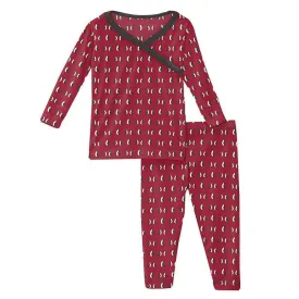 Girl's Print Bamboo Long Sleeve Scallop Kimono Pajama Set - Crimson Penguins