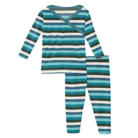 Girl's Print Bamboo Long Sleeve Scallop Kimono Pajama Set - Ice Multi Stripe