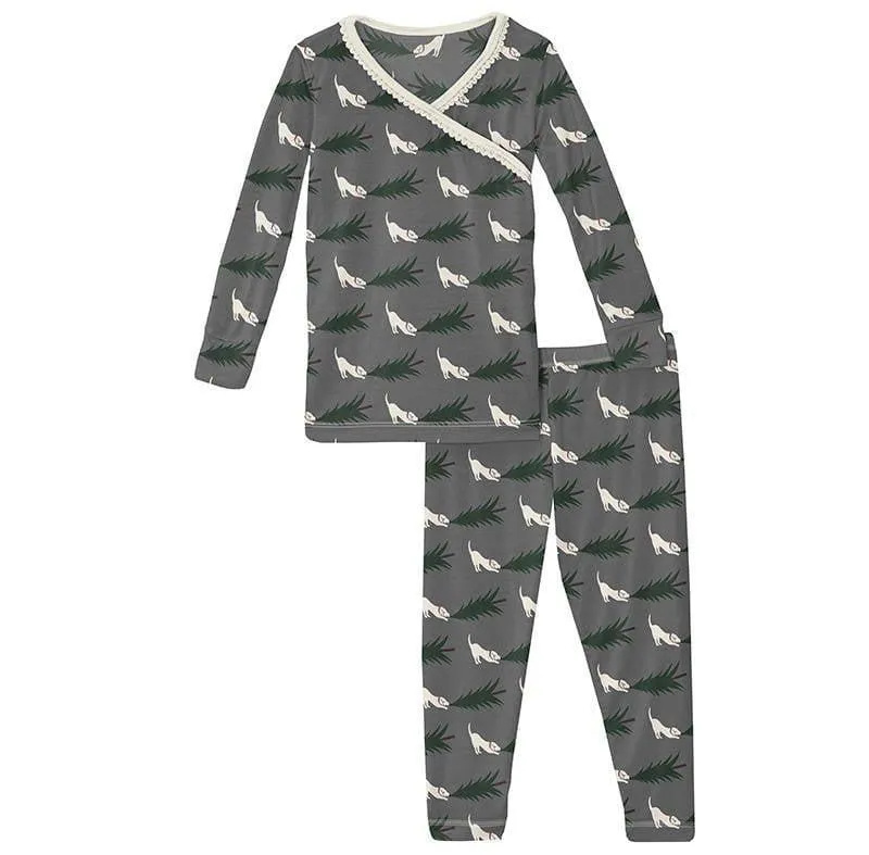 Girl's Print Bamboo Long Sleeve Scallop Kimono Pajama Set - Pewter Christmas Tree Drag