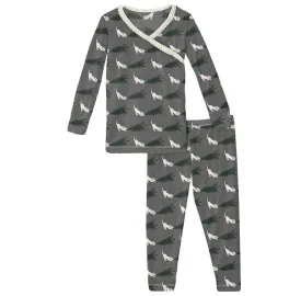 Girl's Print Bamboo Long Sleeve Scallop Kimono Pajama Set - Pewter Christmas Tree Drag