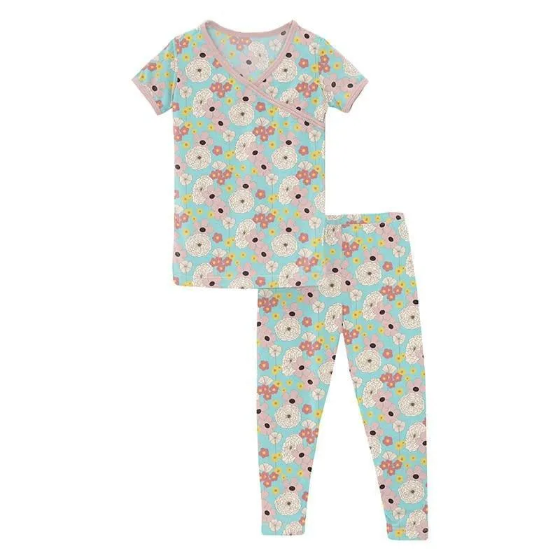 Girl's Print Bamboo Short Sleeve Kimono Pajama Set - Summer Sky Flower Power