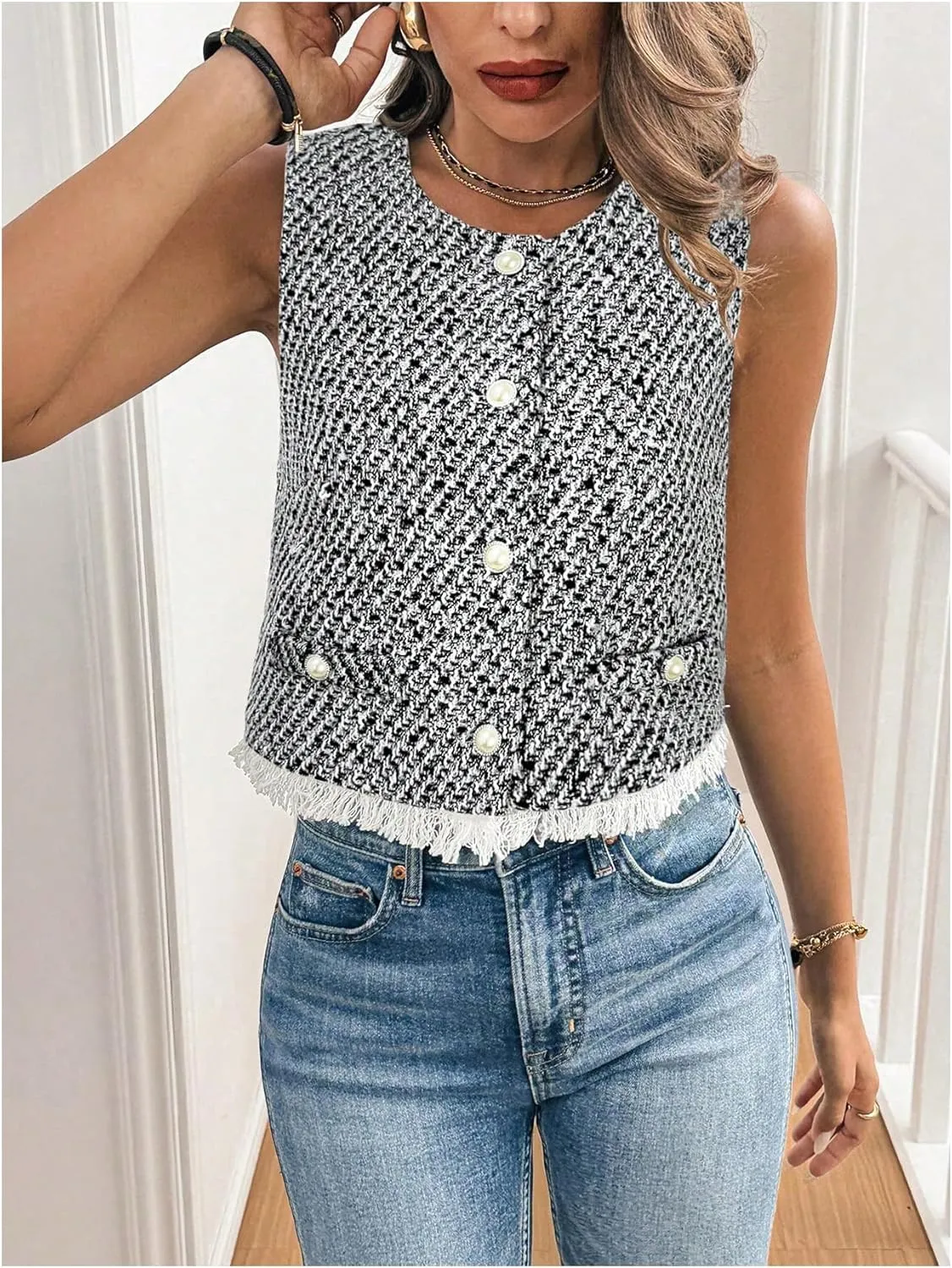 GORGLITTER Women's Tweed Blazer Vest Sleeveless Fringe Pearl Button Vest Jacket Business Casual Work Vest Tops 2025