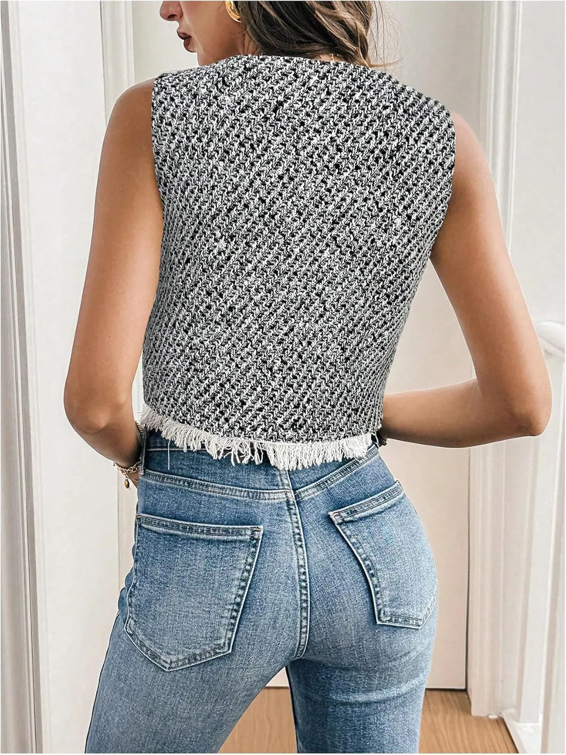 GORGLITTER Women's Tweed Blazer Vest Sleeveless Fringe Pearl Button Vest Jacket Business Casual Work Vest Tops 2025