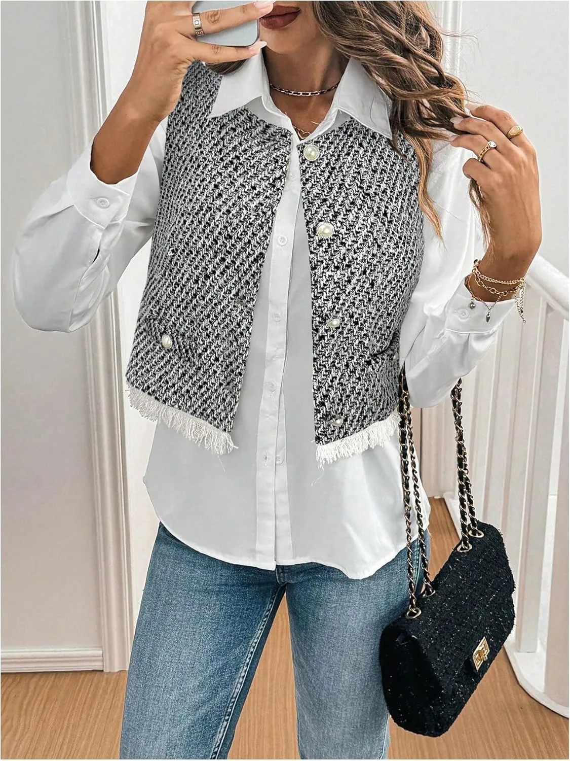 GORGLITTER Women's Tweed Blazer Vest Sleeveless Fringe Pearl Button Vest Jacket Business Casual Work Vest Tops 2025
