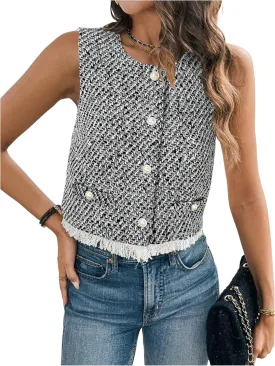 GORGLITTER Women's Tweed Blazer Vest Sleeveless Fringe Pearl Button Vest Jacket Business Casual Work Vest Tops 2025