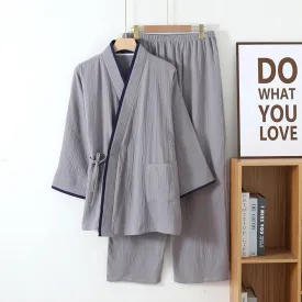 Grey Cotton Colorblock Kimono Pajama Set