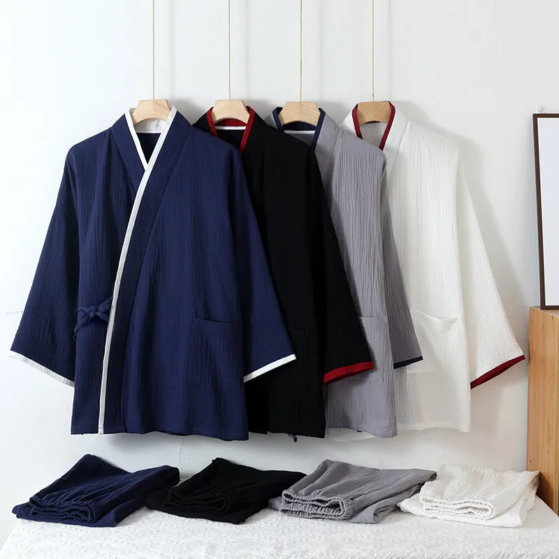 Grey Cotton Colorblock Kimono Pajama Set