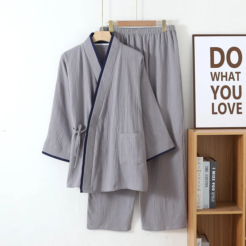 Grey Cotton Colorblock Kimono Pajama Set