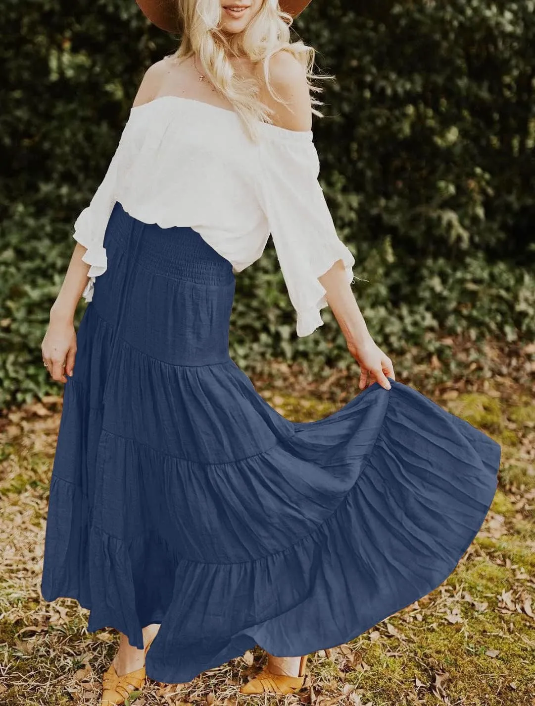 HAEOF Women's Summer Flowy Boho Maxi Skirt Trendy Smocked Waist Ruffle Tiered A Line Casual Beach Long Skirts Midi Dress