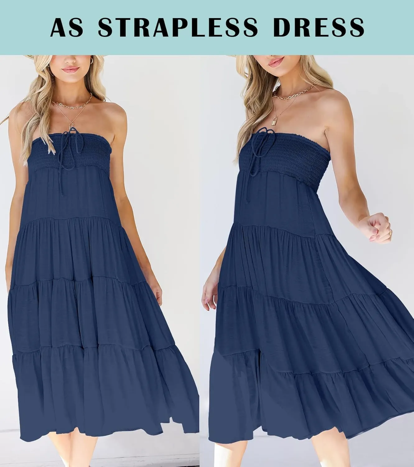 HAEOF Women's Summer Flowy Boho Maxi Skirt Trendy Smocked Waist Ruffle Tiered A Line Casual Beach Long Skirts Midi Dress