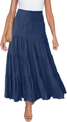 HAEOF Women's Summer Flowy Boho Maxi Skirt Trendy Smocked Waist Ruffle Tiered A Line Casual Beach Long Skirts Midi Dress