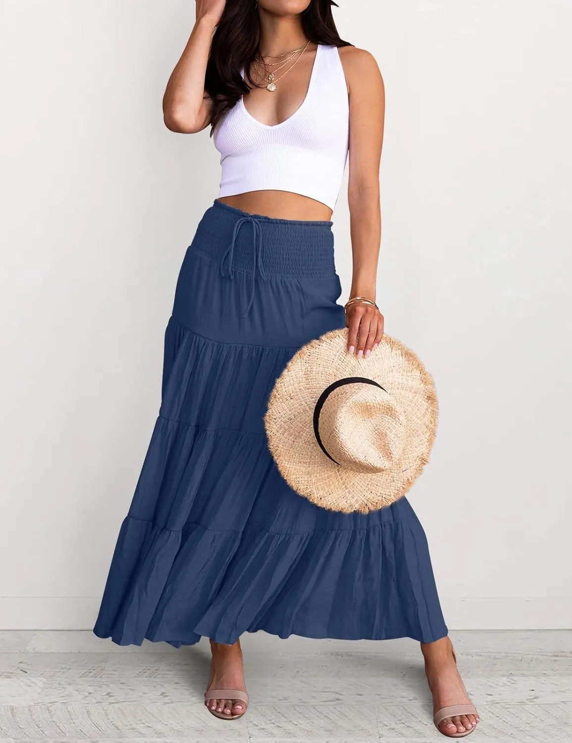 HAEOF Women's Summer Flowy Boho Maxi Skirt Trendy Smocked Waist Ruffle Tiered A Line Casual Beach Long Skirts Midi Dress