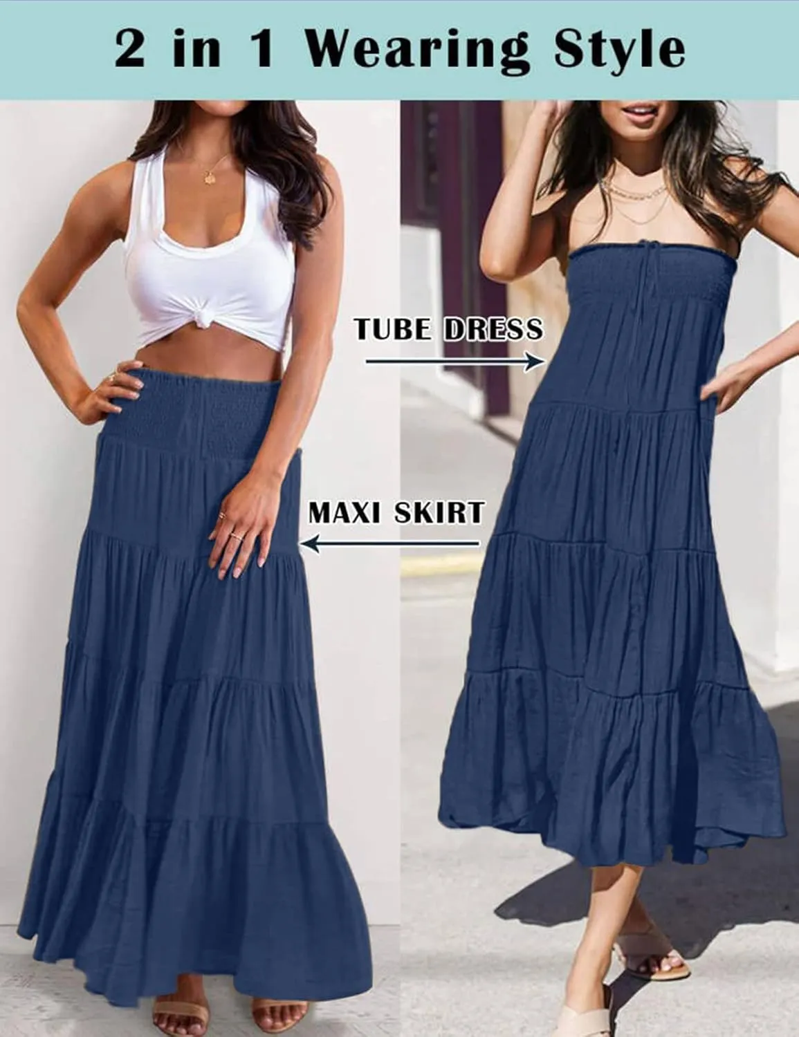 HAEOF Women's Summer Flowy Boho Maxi Skirt Trendy Smocked Waist Ruffle Tiered A Line Casual Beach Long Skirts Midi Dress