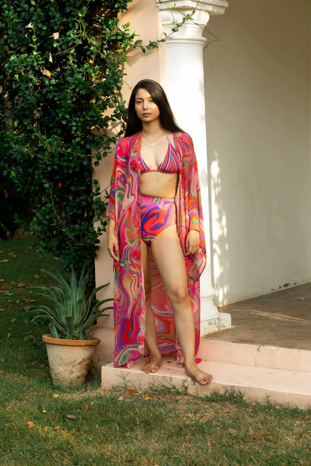 High Waist and High Coverage Bikini Bottom - Candy Wave