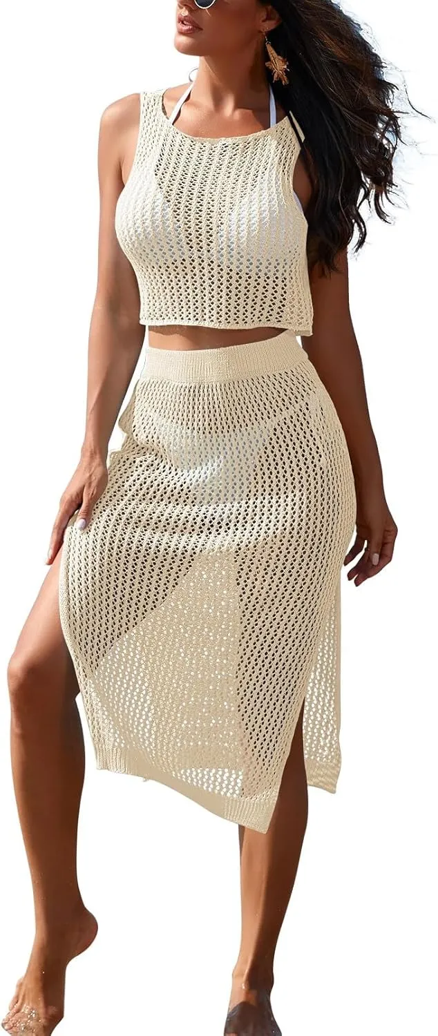 HUUSA Women's 2 Piece Crochet Swimsuit Coverups Hollow Out Bikini Bathing Suit Cover Up Swimwear Mesh Beach Slit Skirt Set