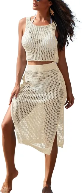 HUUSA Women's 2 Piece Crochet Swimsuit Coverups Hollow Out Bikini Bathing Suit Cover Up Swimwear Mesh Beach Slit Skirt Set