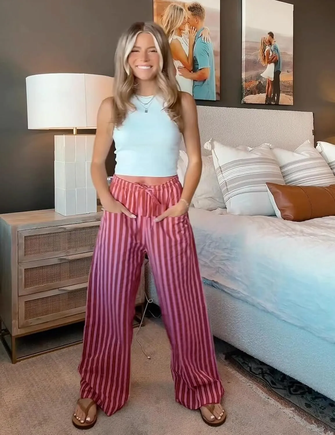 Kissonic Women Striped Pants Casual Drawstring Wide Leg Trousers Loose Lounge Pajama Pants with Pockets