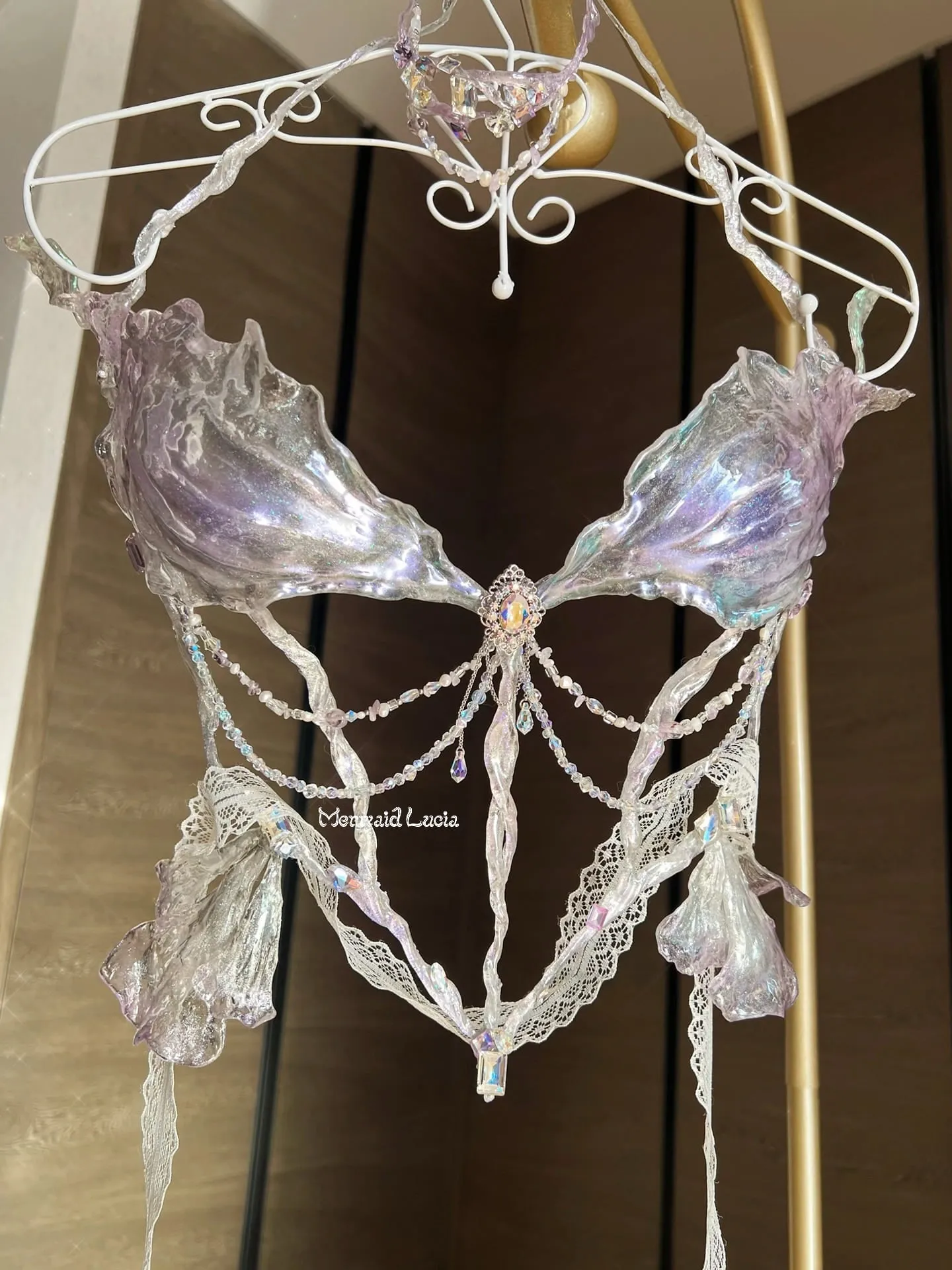 Lilac Crystal Phalaenopsis Resin Porcelain Mermaid Corset Bra Top Cosplay Costume Patent-Protected