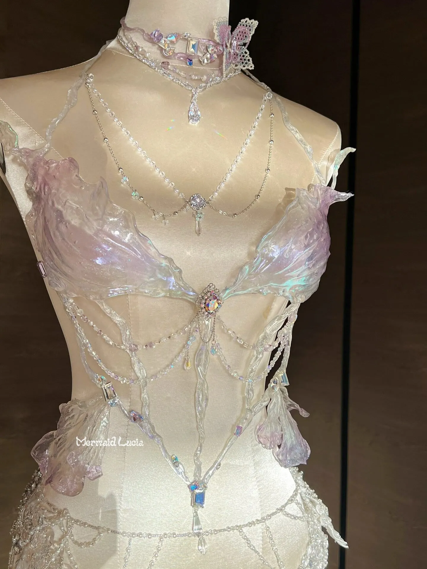 Lilac Crystal Phalaenopsis Resin Porcelain Mermaid Corset Bra Top Cosplay Costume Patent-Protected