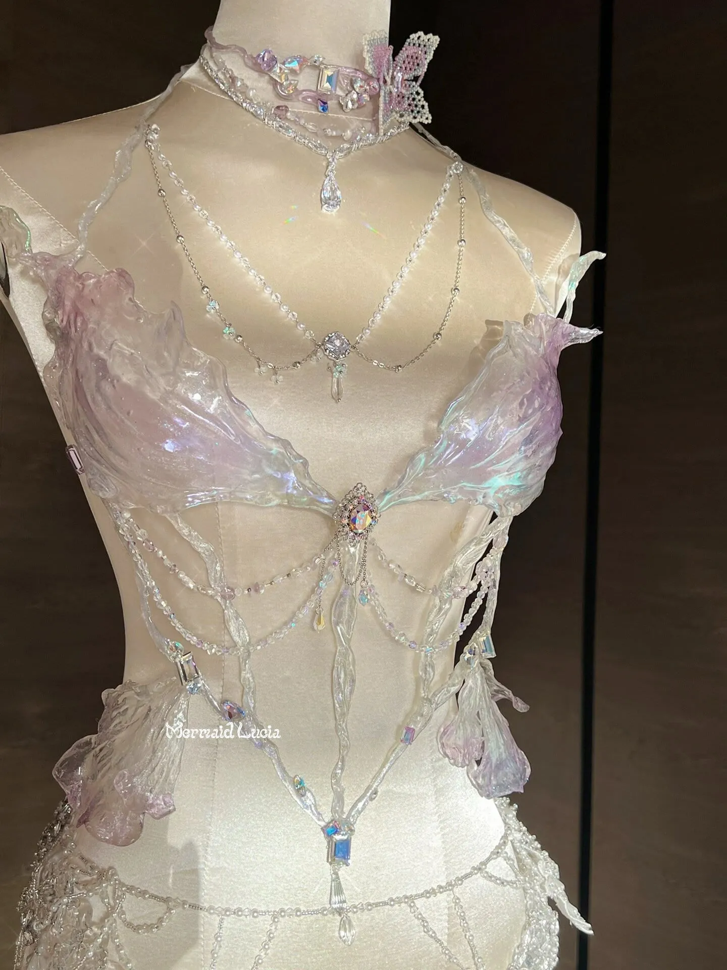 Lilac Crystal Phalaenopsis Resin Porcelain Mermaid Corset Bra Top Cosplay Costume Patent-Protected