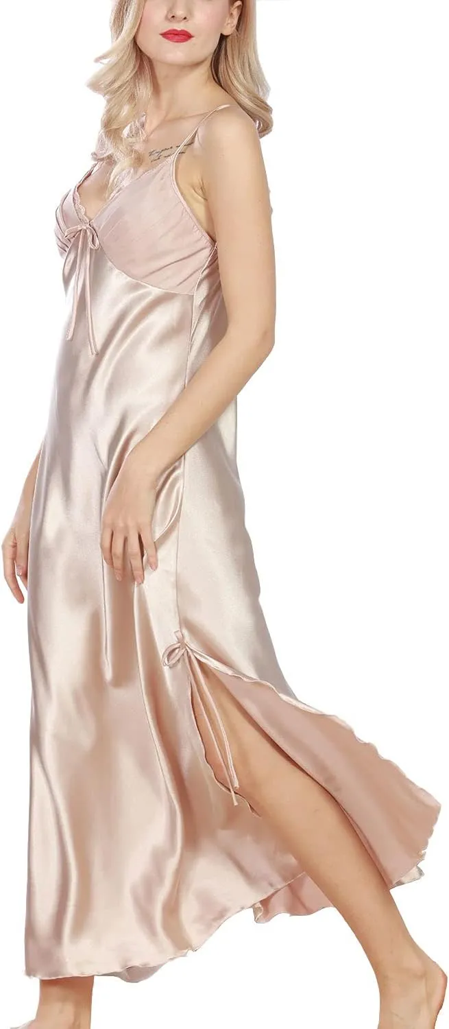 Lu's Chic Women's Satin Nightgown Dress Silk Lace Sleeveless Long Chemise Lingerie Sleepwear