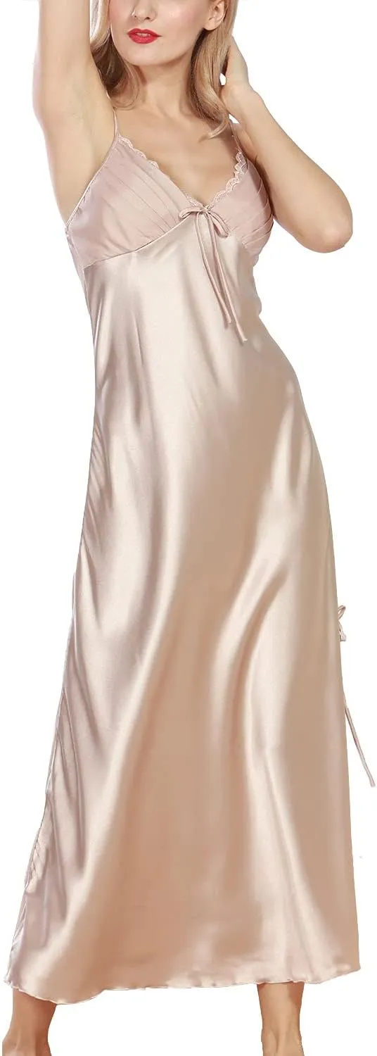 Lu's Chic Women's Satin Nightgown Dress Silk Lace Sleeveless Long Chemise Lingerie Sleepwear