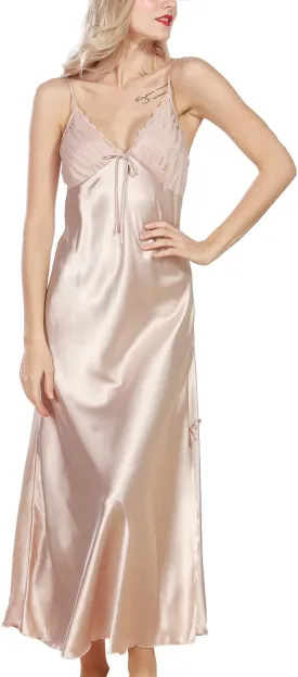 Lu's Chic Women's Satin Nightgown Dress Silk Lace Sleeveless Long Chemise Lingerie Sleepwear