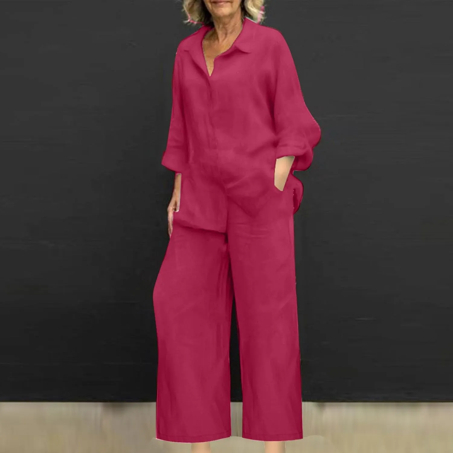 maisdgop Womens 2 Piece Outfits Summer Cotton Linen Set Casual Long Sleeve Button down Shirts and Pants Suits with Pockets