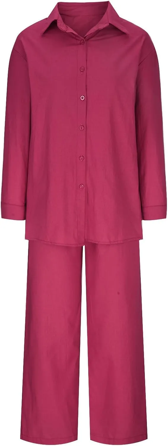 maisdgop Womens 2 Piece Outfits Summer Cotton Linen Set Casual Long Sleeve Button down Shirts and Pants Suits with Pockets