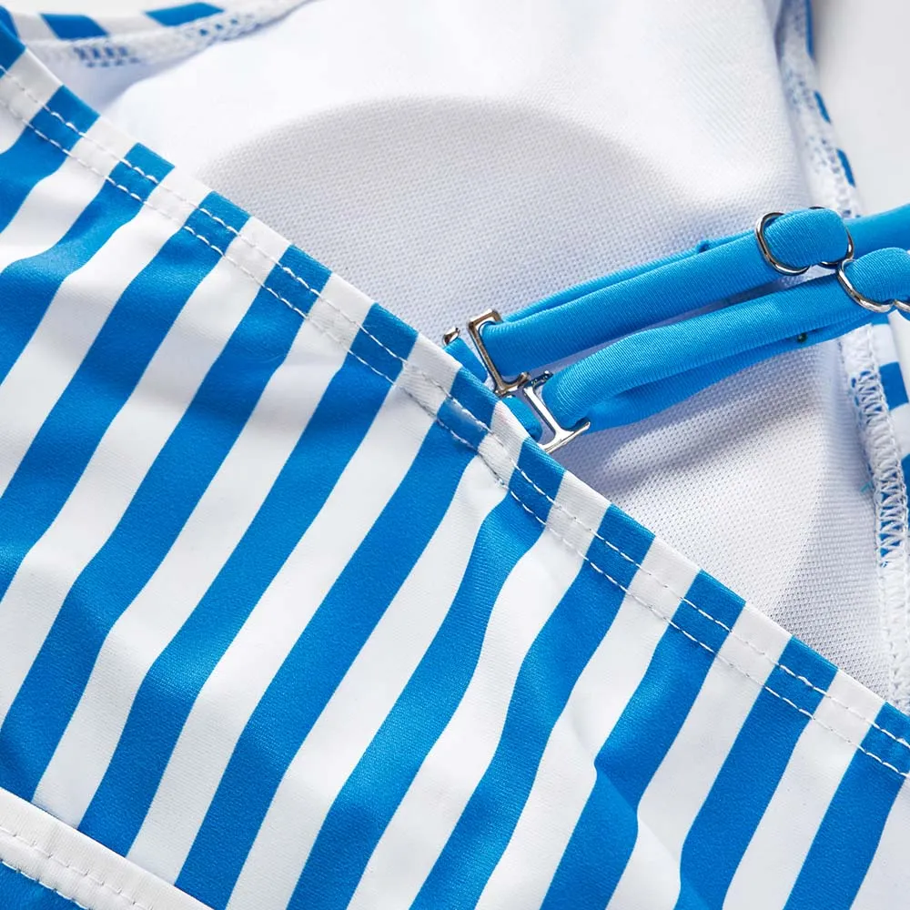 Matching Family Swimsuit Blue Striped V Neck One Piece Swimsuit