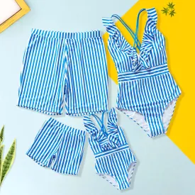 Matching Family Swimsuit Blue Striped V Neck One Piece Swimsuit