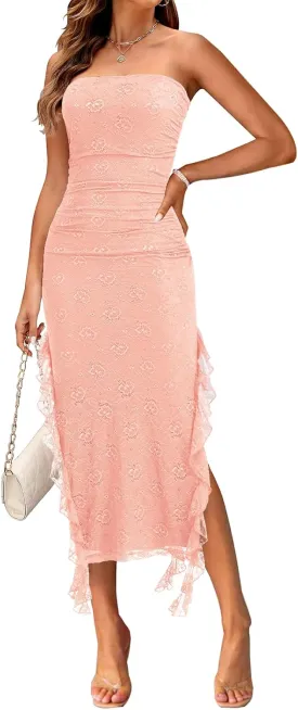 MEROKEETY Women's 2025 Strapless Bodycon Tube Midi Dress Sexy Floral Lace Ruffle Slit Wedding Guest Cocktail Party Dresses
