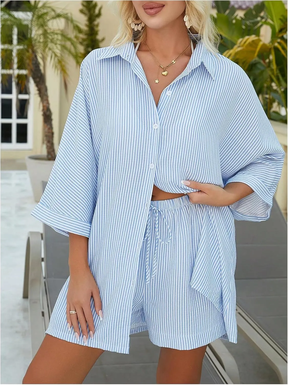Milumia Women 2 Pieces Striped Cover Up Set Short Sleeve Button Down Shirt and Shorts Set