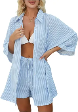 Milumia Women 2 Pieces Striped Cover Up Set Short Sleeve Button Down Shirt and Shorts Set