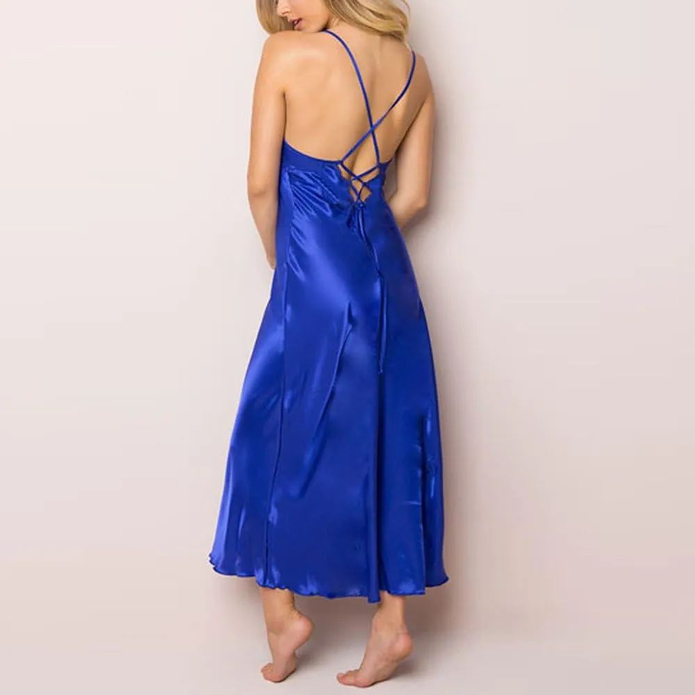 NaRHbrg Women's Satin Nightgown Dress Silk Lace Halter Backless Long Chemise Lingerie Sleepwear Pajama Gown Nightwear
