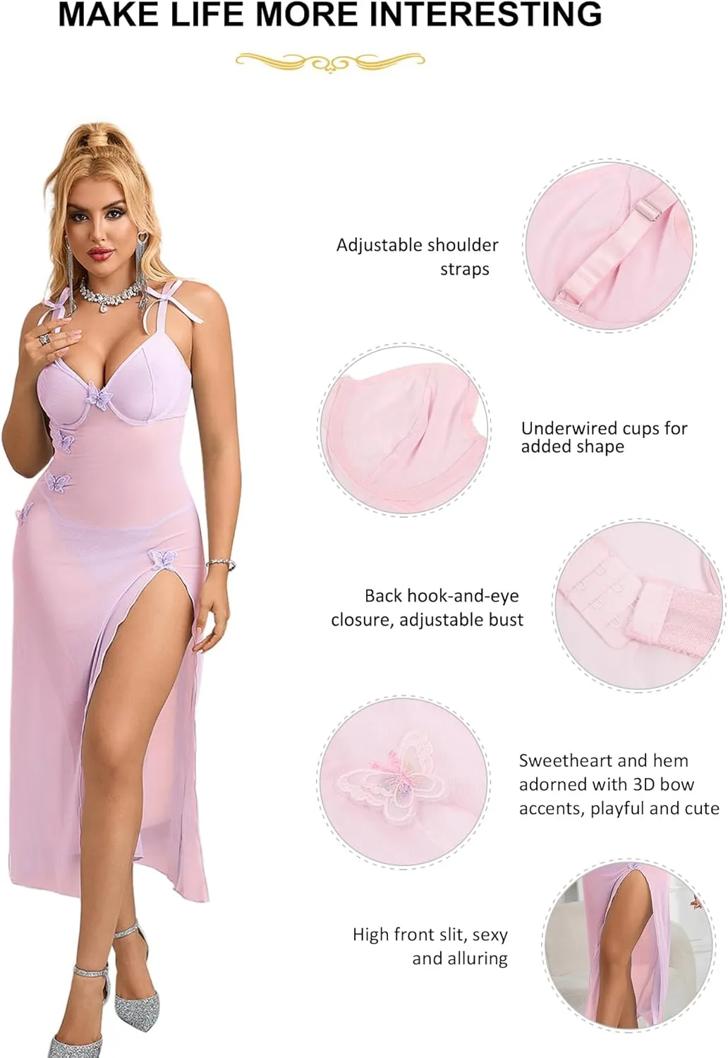 ohmydear Women Mesh Lingerie Dress Deep V-Neck Sexy Long Nightgown Spaghetti Strap Backless Sleepwear Slits Dress