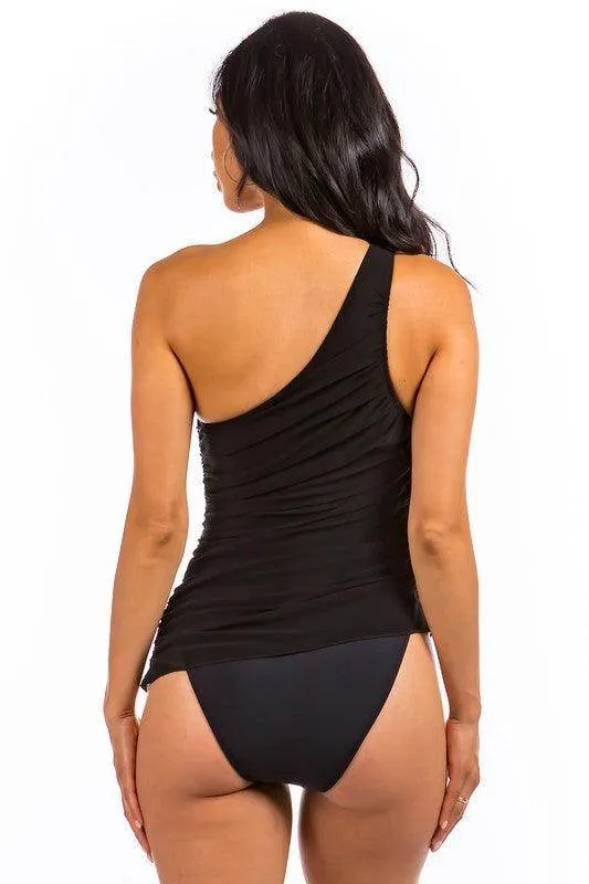 One Piece Single Shoulder Solid Swimsuit With Mesh
