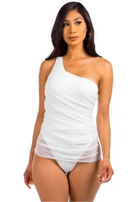 One Piece Single Shoulder Solid Swimsuit With Mesh