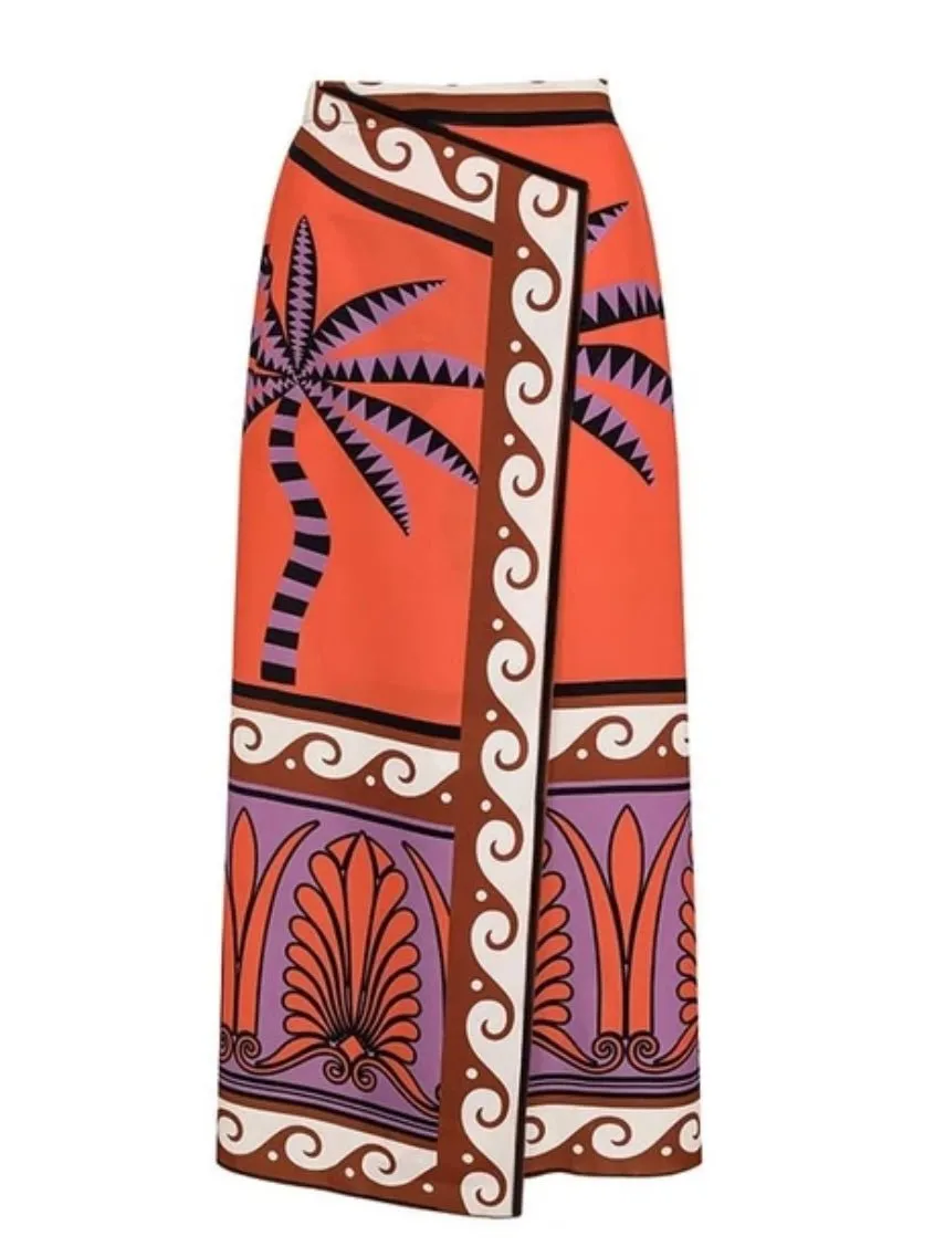 Orange printed set of 2 swimsuit and maxi skirt