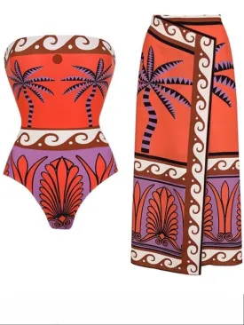 Orange printed set of 2 swimsuit and maxi skirt
