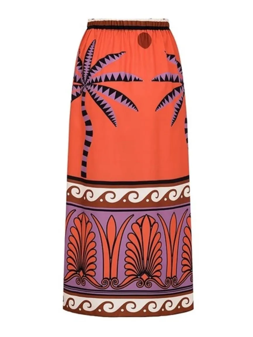 Orange printed set of 2 swimsuit and maxi skirt