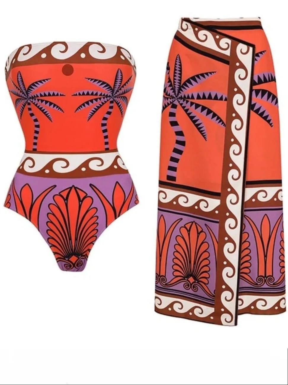 Orange printed set of 2 swimsuit and maxi skirt