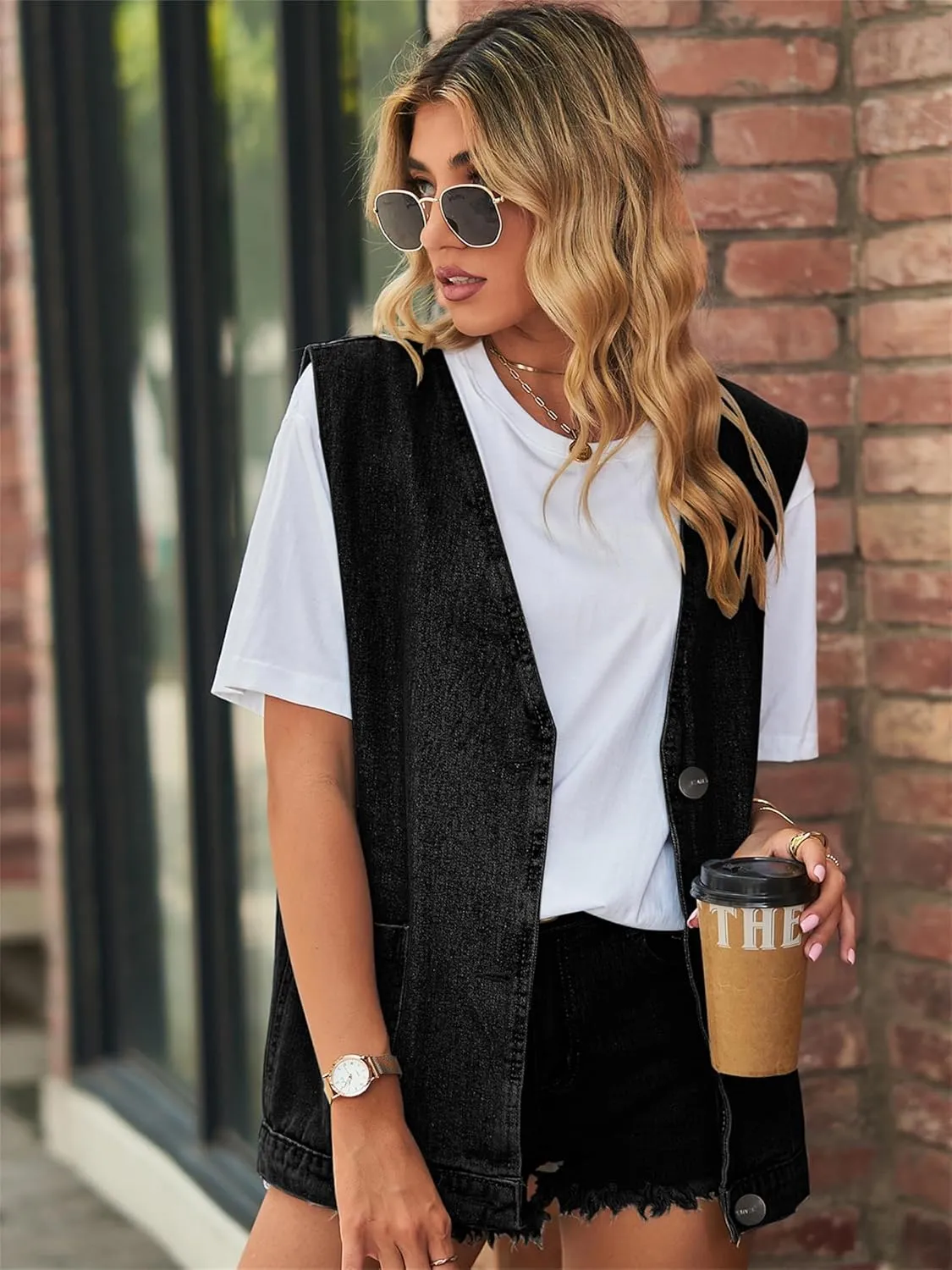 PAODIKUAI Women's Oversized Denim Vest Mid Long Jean Vest Sleeveless Jackets Distressed Vest Cotton