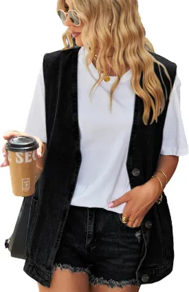 PAODIKUAI Women's Oversized Denim Vest Mid Long Jean Vest Sleeveless Jackets Distressed Vest Cotton