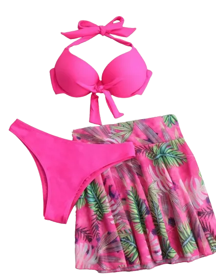 Pink Knot Push Up Bikini Swimsuit & Plant Print Beach Skirt