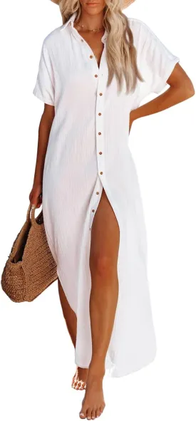 Pink Queen Women's Short Sleeve Button Down Side Slit Maxi Long Swimsuit Cover Up Blouse Dress with Belt