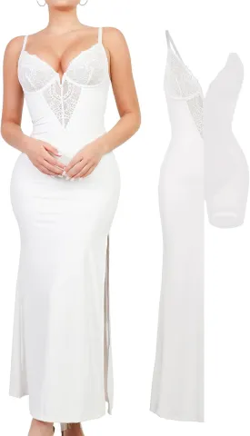Popilush Lace Cocktail Dresses for Women - Deep V Neck Shapewear Satin high Slit Bodycon Maxi Dress - Party Date Night