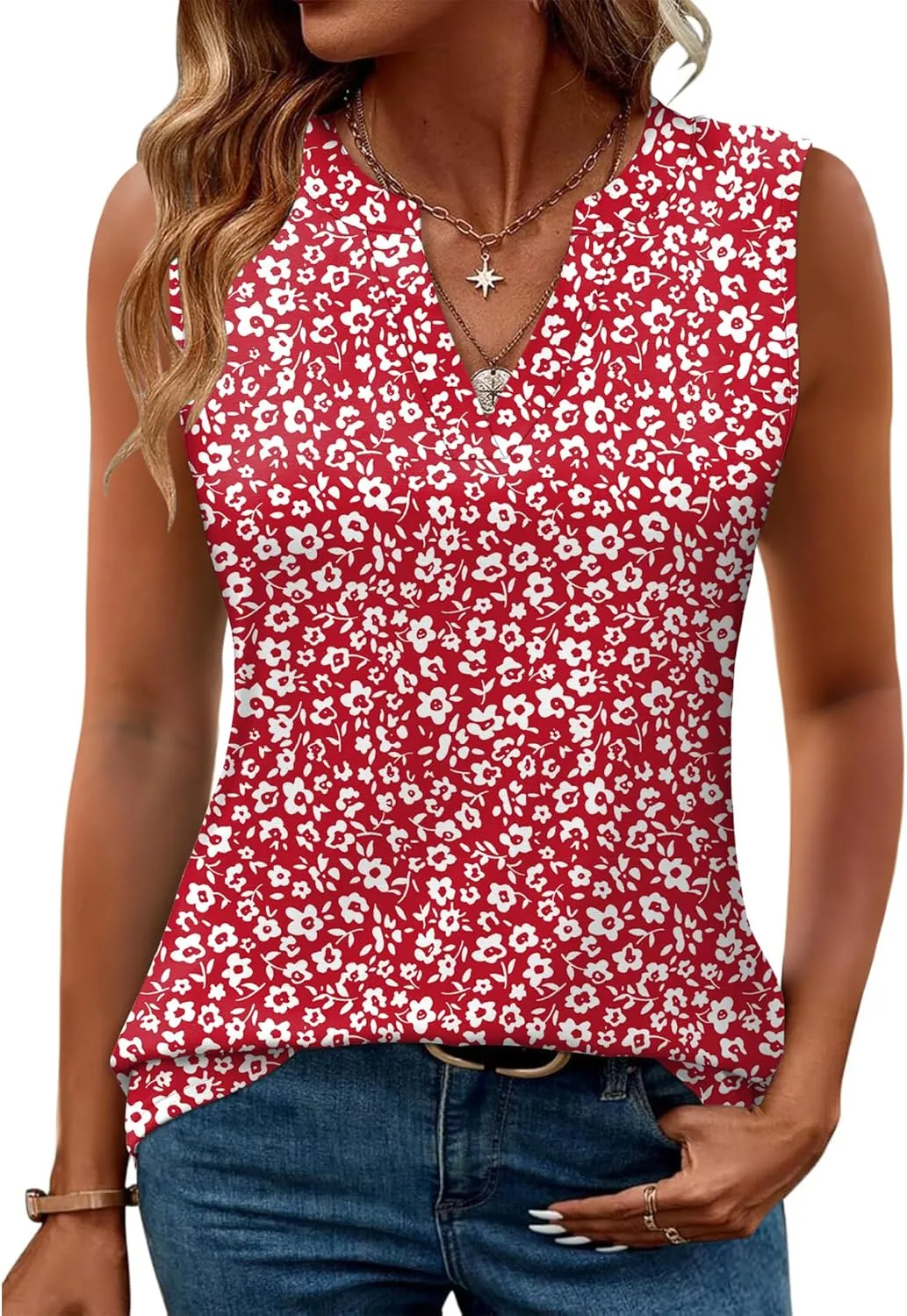 Romanstii Sleeveless Shirts for Women Casual Summer V Neck Tank Tops Dressy Blouses Tunic